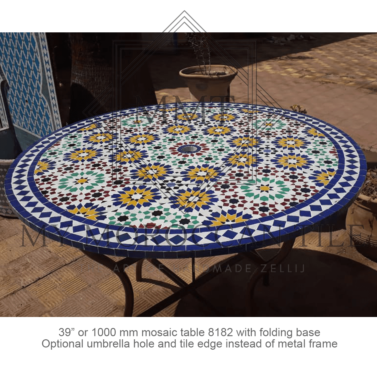 decorative tile for patio table umbrella hole Fez Moroccan Mosaic Table Top 8182 – My Moroccan Tile